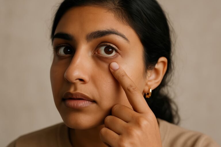 Woman examining under-eye area